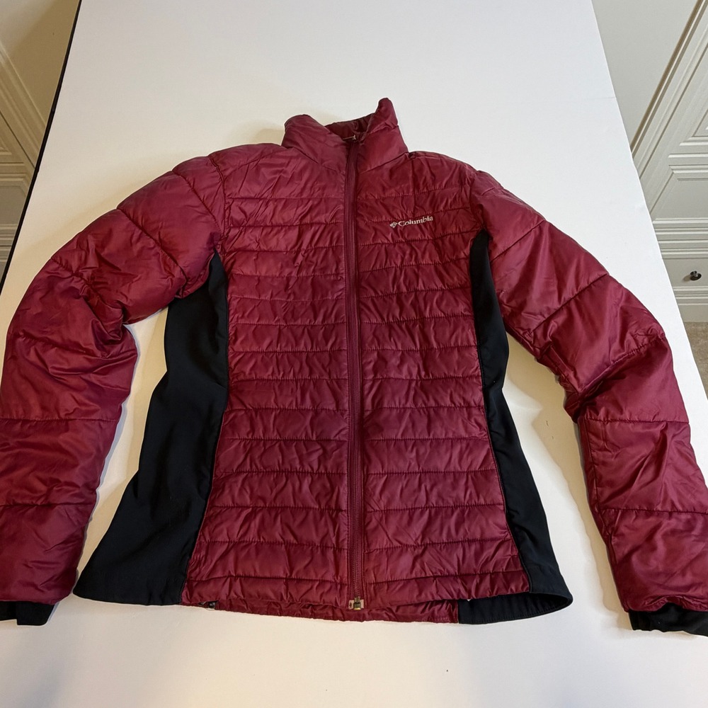 Columbia Womens Puffer Jacket Burgundy Wine Black Hybrid Quilted Full Zip Small